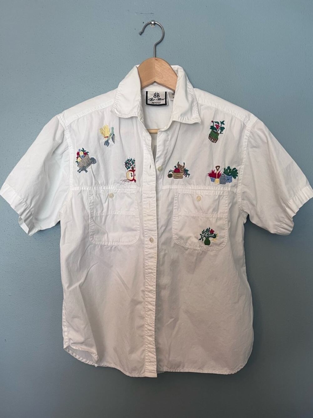 Vintage Bill Blass Short-Sleeve Button-Down Shirt with Garden Embroidery